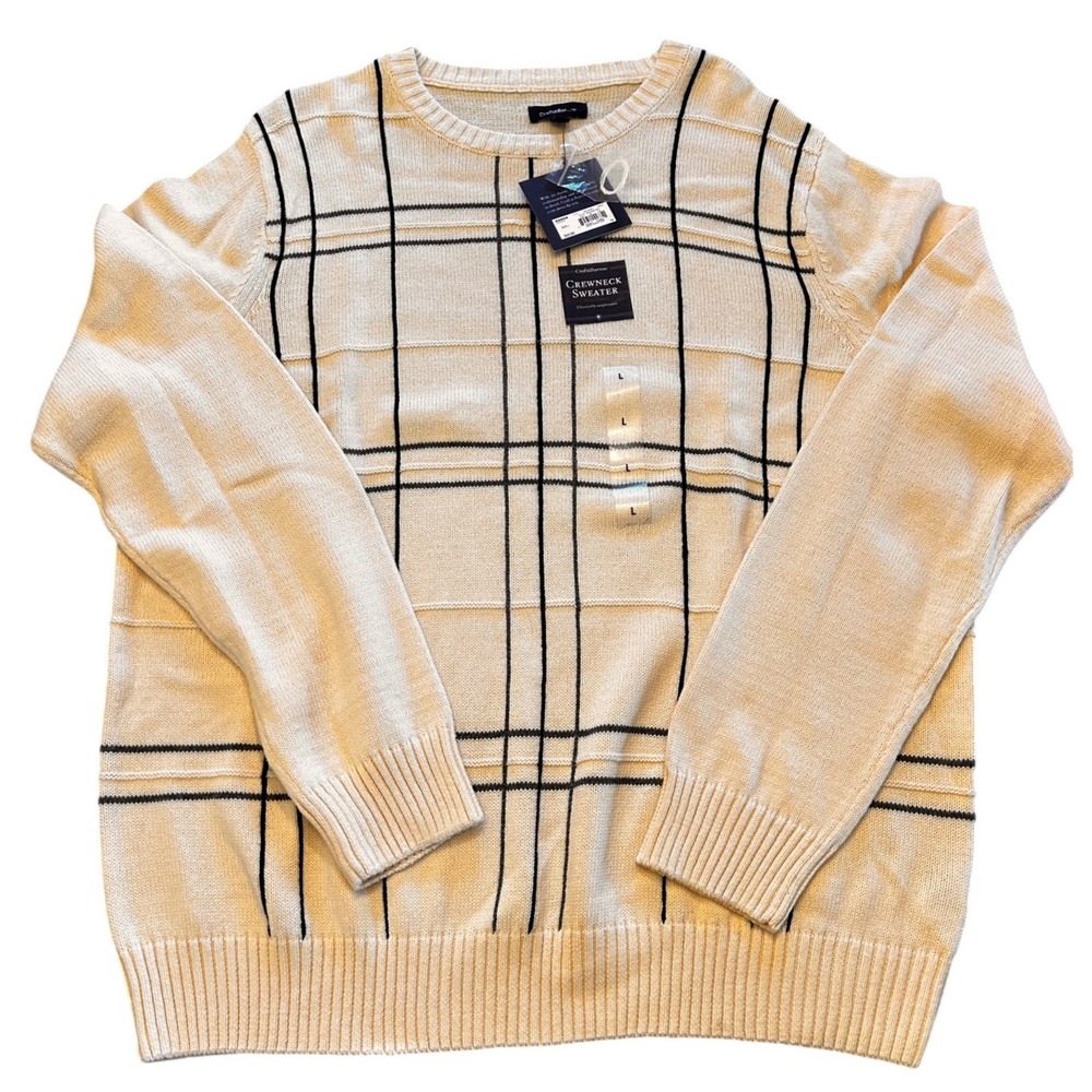 NWT Croft & Barrow Mens Plaid Crewneck Sweater Ivory Windowpane Cotton Large
